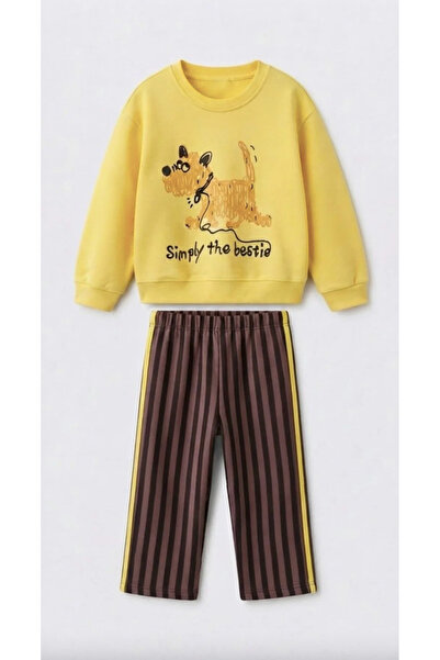 Monila Boy's Dog Printed Yellow Cotton Underwear Tracksuit Set