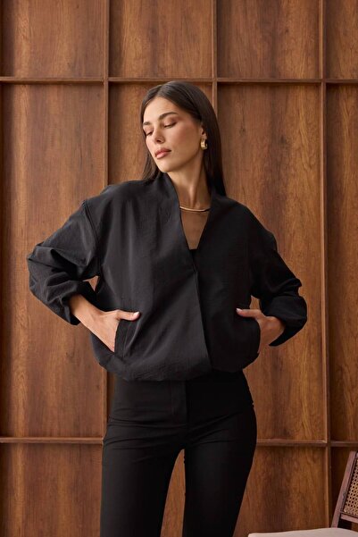 FLOWERİNG Women's Black Snap Fastener Zr Bomber Jacket