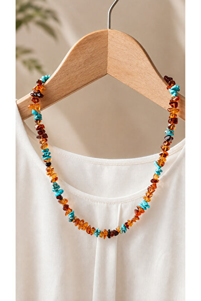 LemaStone Elegant Women's Necklace with Natural Amber and Turquoise Stones, 4...