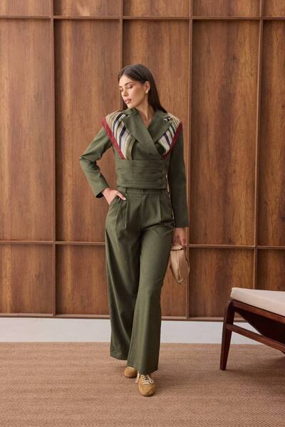 FLOWERİNG Women's Khaki Pleated Detailed Double-Breasted Pants Suit