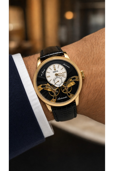 Fiesta Men's Automatic 40 Jewels Double Balance Black Leather Cord Wristwatch...