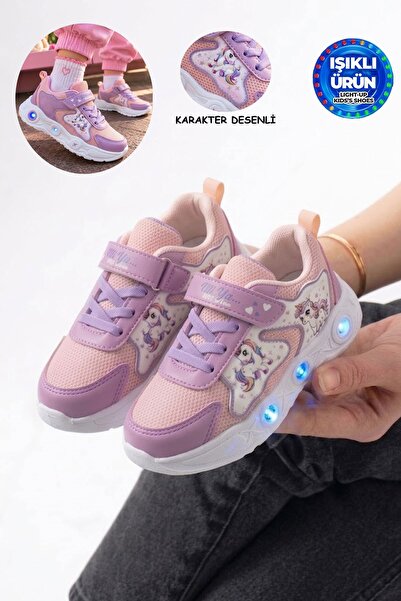AlbiShoes Kız Çocuk Uncorn Desen Işıklı Rahat Hafif Mevsimlik Cilt Okul Günlü...