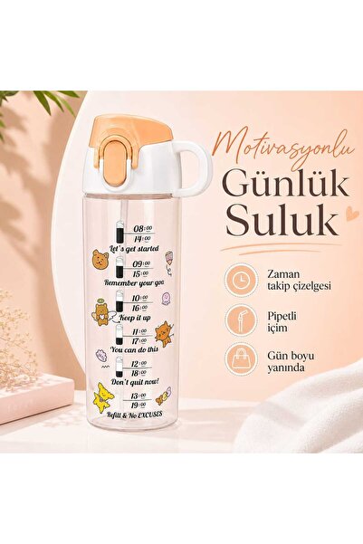 SOLMAZ 750 ml Motivasyonlu Pipetli Suluk Ölçekli Su Şişesi Taşıma Kulplu Okul...