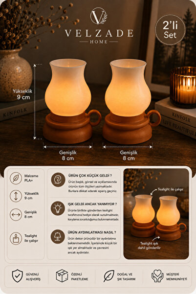 Velzade Home Dekoratif Tea Light Mumluk Seti 2'li – Masa Üstü Dekoratif Işıkl...