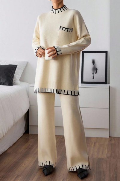 EMR Online Women's Knitwear Double Set – Black Detailed Crew Neck Knit Sweate...
