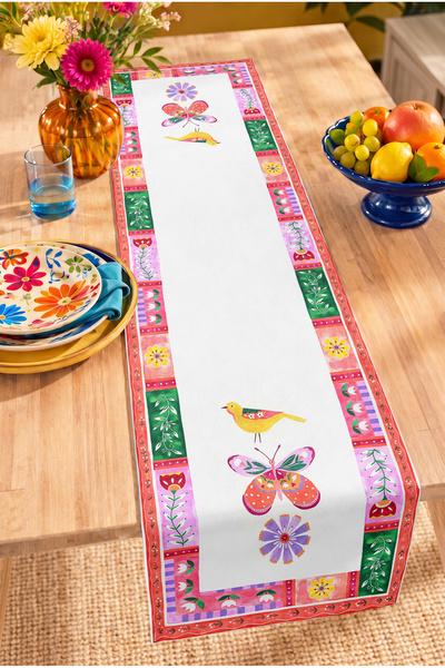 Home Çiçekli Kuş ve Kelebek Figürlü Patchwork Desenli Dijital Baskılı Runner ...