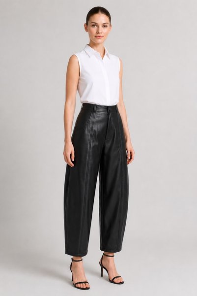 Grenj Fashion Pantaloni negri din piele artificială cu talie înaltă și picior tip tub
