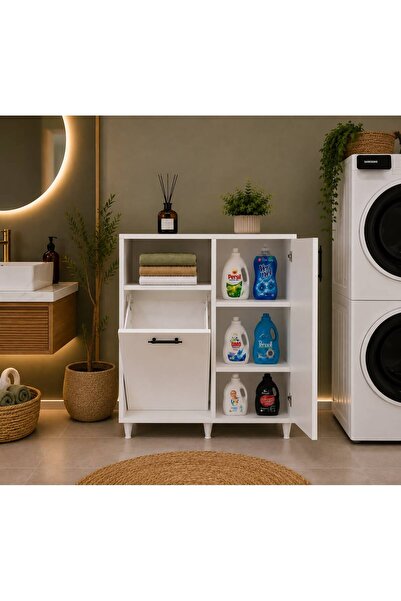 AVEVA HOME PRATİKO Kirli Çamaşır Sepetli Banyo Dolabı Kapaklı Çok Amaçlı Bany...