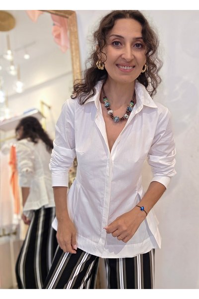 Butik Kadın, Vücuda Oturan, Peplum Bel Detaylı, Pamuk Kumaş, Beyaz Gömlek