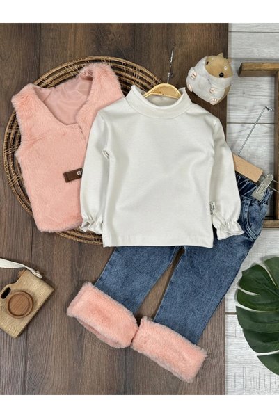 my petit panda Plush Vest, Lined Leather Belt, Detailed Long Sleeve Badi Lycra Jeans, Fur Detailed 3-Piece Combination Baby Girl Set