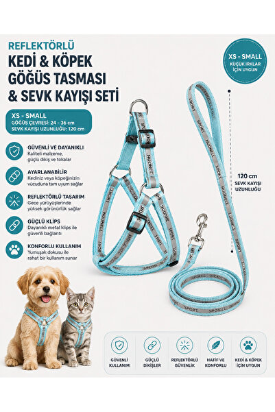 Baron Pet Reflektörlü Kedi ve Köpek Göğüs Tasması Sevk Kayışı Seti XS-S 24-36...