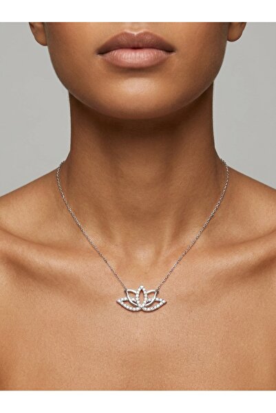 elinasaccessories Lotus Kolye 925 Ayar Gümüş Zirkon Taşlı Nilüfer Çiçeği Kadı...
