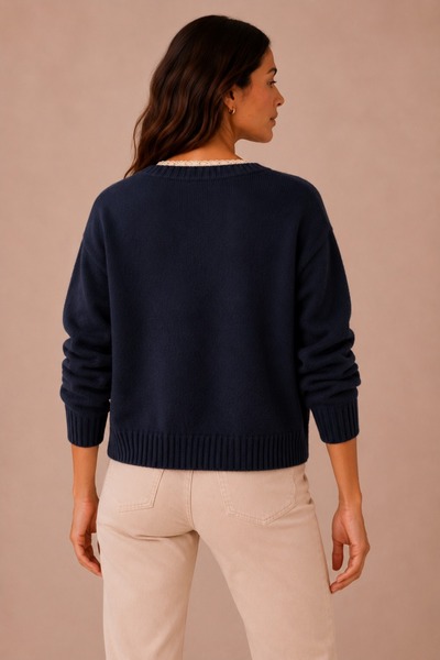 AlvaLuna Women's V-Neck Lace Detailed Long Sleeve Knitwear Sweater