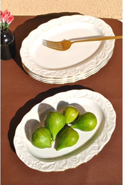 Qualitev 6 Adet Porselen Yaldızlı Orta Boy Kayık Tabak 23 Cm Meze Sunum Tabağı
