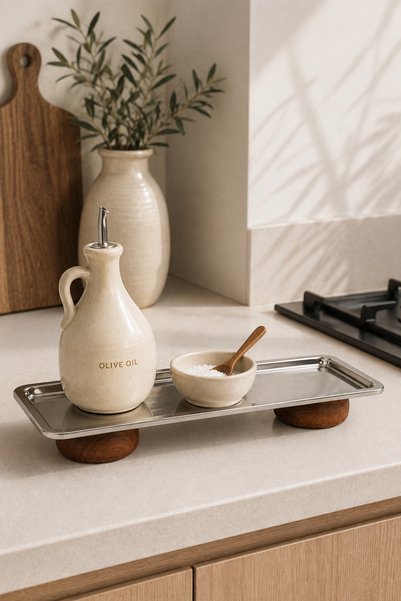 Beige & Stone Silver Stainless Steel Rectangular Presentation and Serving Plate with Double Wooden Legs 33X13 cm