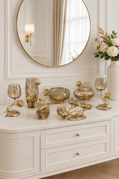 Hinora Home 7 Parça Lotus Çiçekli Kristal Detaylı Pirinç Cam Dekoratif Aksesu...
