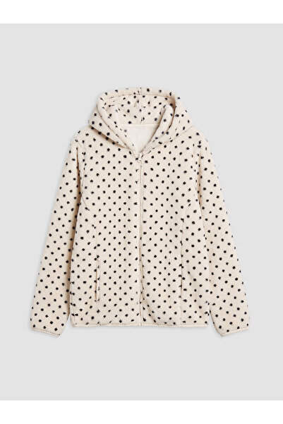 LC Waikiki Ecru Polka Dot Girls' Plush Zippered Sweatshirt