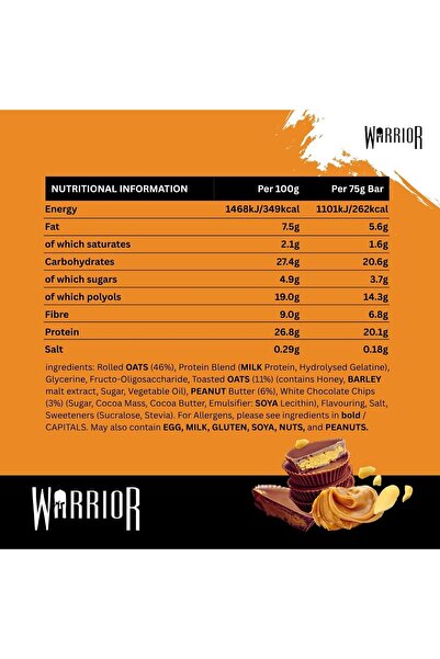 warrior RAW Protein Bars 12 x 75g High Protein Oat Flapjack Snack 20g Protein Per Bar, Low Sugar, High Fibre, Oat Flapjack, Protein Snacks, Meal Replacement Bars, On-the-Go (Chocolate Peanut)