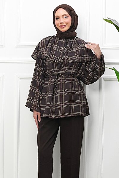 İmajButik Brown Collared Cape Plaid Tunic