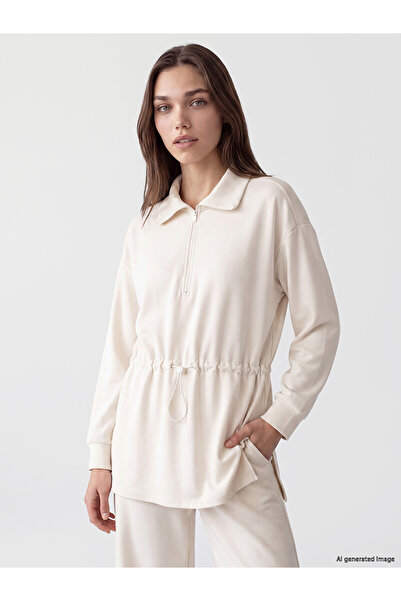 LC Waikiki Alita City Lcw Modest Beige Interlock Plain Oversize Women's Sweat...