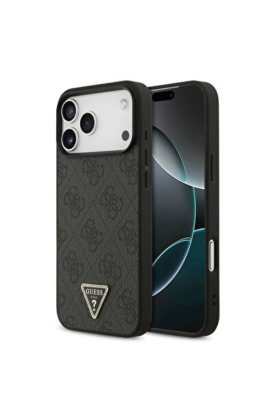 Guess iPhone 18 Pro Max Kılıf Lisanslı PU Deri Taşlı Üçgen Logo 4G Desenli St...