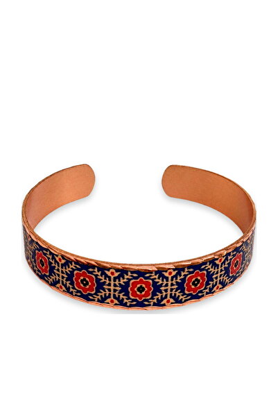 Erol Bakır Navy blue red flower thin copper bracelet, adjustable