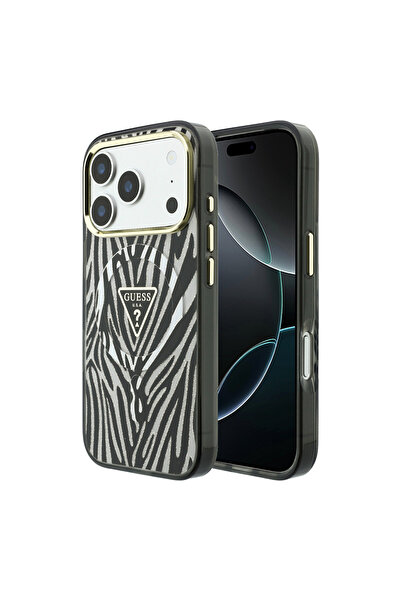 Guess iPhone 18 Pro Max Kılıf Lisanslı M-safeli Üçgen Logolu Zebra Desenli Si...