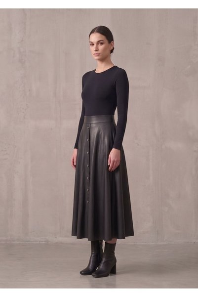 WAYS Women's Black High Waist Long Faux Leather Mevlana Skirt with Snap Detail on the Front