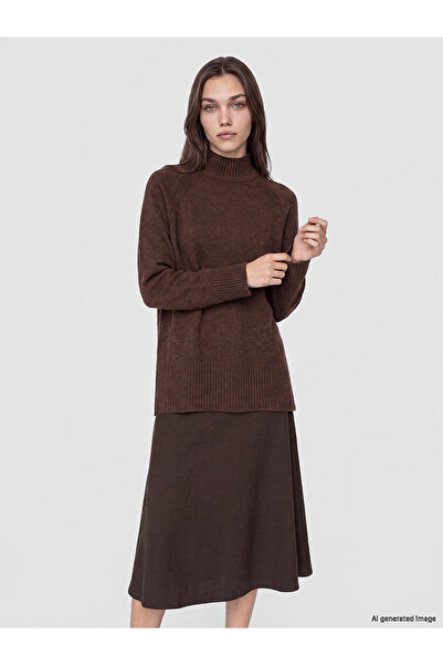 LC Waikiki Lcw Modest Brown Knitwear Plain Oversize Women's Tunic with Nevavm...