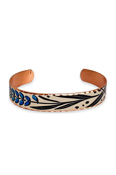 Erol Bakır White and blue branch motif thin copper bracelet, adjustable