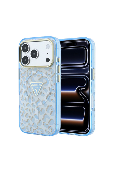 Guess iPhone 18 Pro Kılıf Lisanslı M-safe Özellikli Üçgen Logolu Simli Leopar...