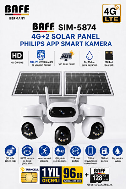 BAFF GERMANY SIM-5874 Çift Solar Panelli 4G SIM Kartlı 3 Lensli PTZ Akıllı Dı...