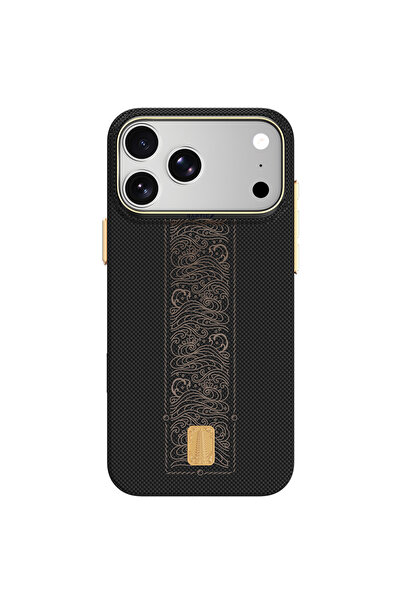 Raptic iPhone 18 Pro Max Kılıf M-safeli Aramid Skin Rise Serisi 24 Ayar Altın Kaplamalı Karbon Siyah