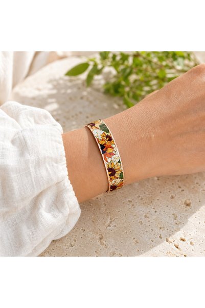 Erol Bakır White orange floral thin copper bracelet, adjustable