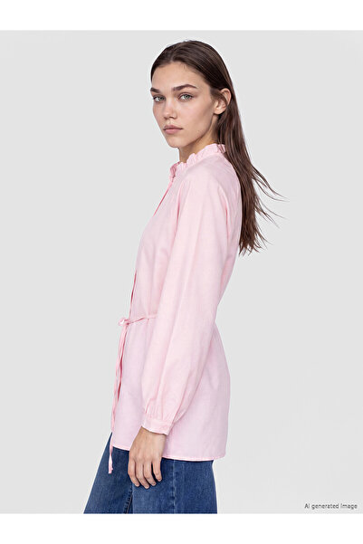 LC Waikiki Nevavm Farkıyla Lcw Modest Pink Judge Collar Belted Striped Women'...
