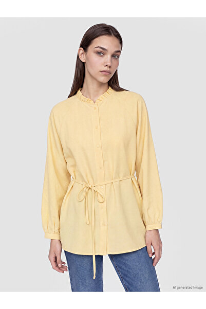 LC Waikiki Nevavm Farkıyla Lcw Modest Yellow Judge Collar Belted Striped Wome...