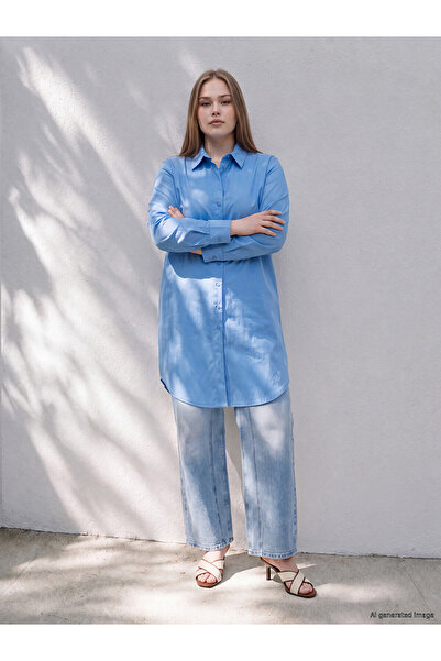 LC Waikiki Lcwaikiki Curve Blue Plus Size 100% Cotton Women's Shirt Tunic