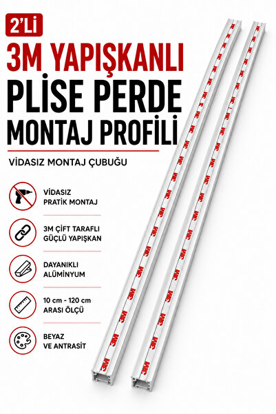 PERDELİNKA 2'li 3M Yapışkanlı Plise Perde Montaj Profili Vidasız Montaj Çubuğ...