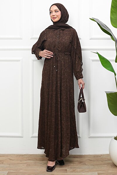 İmajButik Brown Waist-Tie Patterned Dress