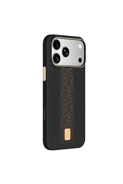 Raptic iPhone 18 Pro Max Kılıf M-safeli Aramid Skin Rise Serisi 24 Ayar Altın Kaplamalı Karbon Siyah