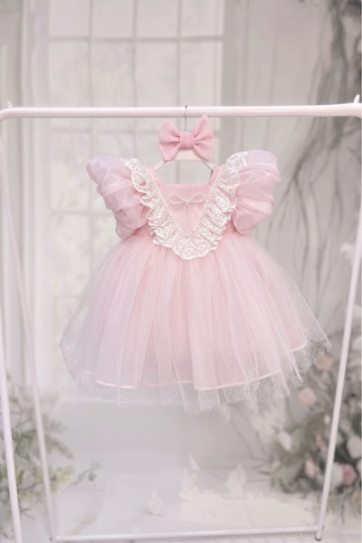 Bertuğ Bebek Pink Glitter Tulle Lace and Pearl Detailed Fluffy Evening Dress ...