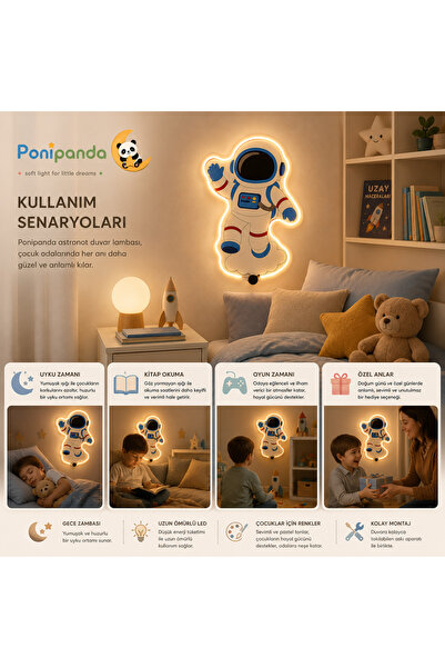 PONİPANDA ASTRONOT TASARIMLI RENK DEĞİŞTİREN RGB LED ÇOCUK ODASI DUVAR GECE LAMBASI – UZAKTAN KUMANDALI