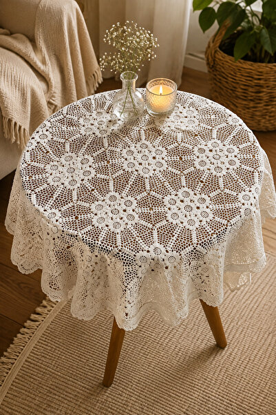 EastWest Trading El Örgüsü Dantel Masa Örtüsü Yuvarlak 95x88 cm 60 Numara Pam...
