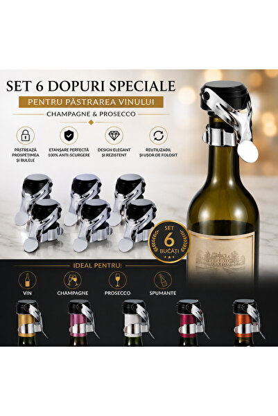 Nonbranded Set 6 Dopuri Premium pentru Vin, Champagne și Prosecco – Închidere Etanșă, Reutilizabile