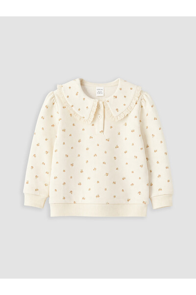 LC Waikiki Ecru Polo Collar Printed Girls' Thick Sweatshirt
