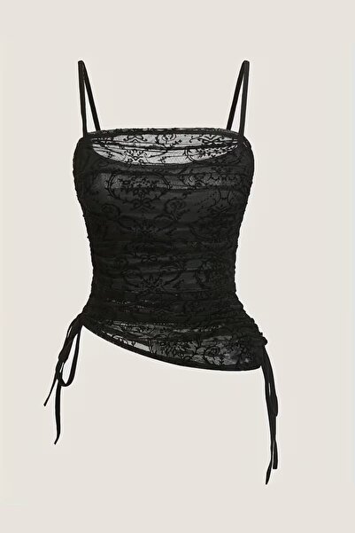 BALİNA Siyah Transparan Dantelli Desenli Gotik Y2K Askılı Crop