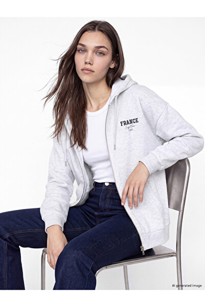 LC Waikiki Lcw Modest Gray Hooded Oversize Women's Thick Zippered Sweatshirt