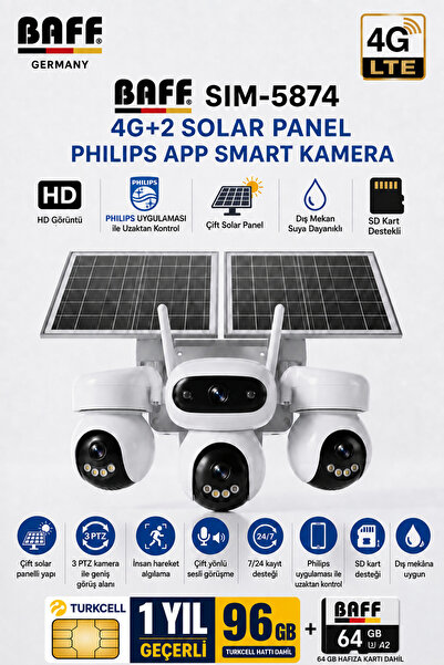BAFF GERMANY SIM-5874 Çift Solar Panelli 4G SIM Kartlı 3 Lensli PTZ Akıllı Dı...
