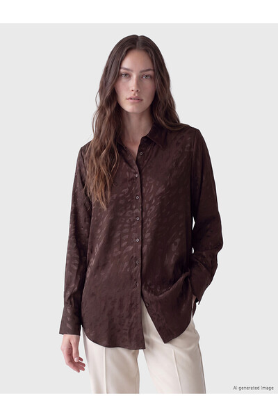 LC Waikiki Lcw Modest Brown Patterned Satin Women's Shirt Tunic