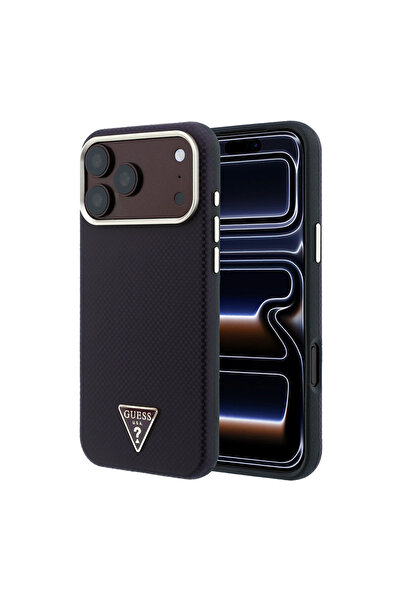 Guess iPhone 18 Pro Kılıf Lisanslı M-safeli PU Metal Üçgen Logolu Karbon Fibe...